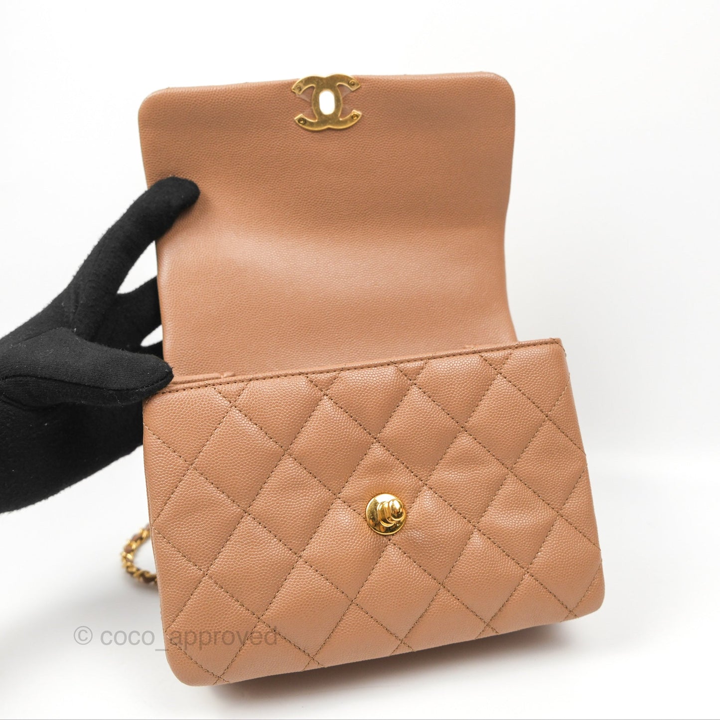 Chanel Coco First CC Chain Flap Bag Dark Beige Caviar Aged Gold Hardware