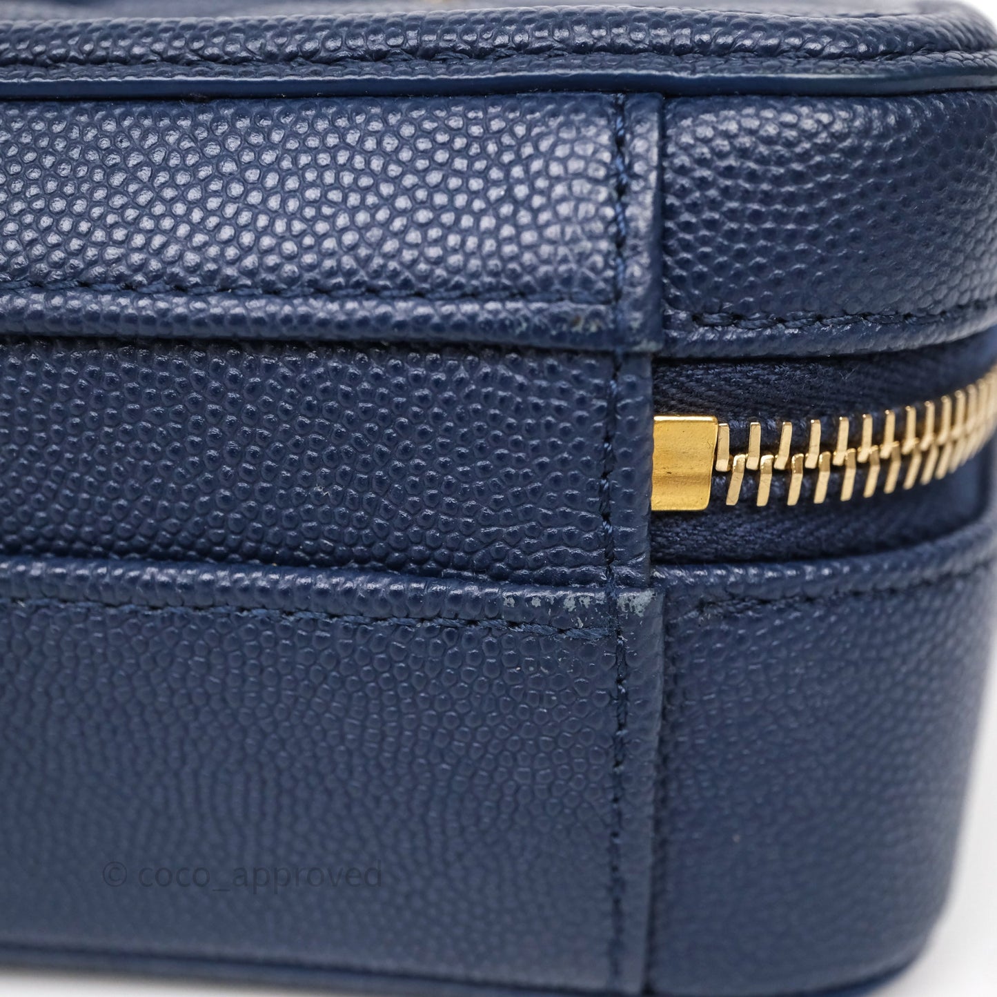 Chanel Quilted Small CC Filigree Vanity Case Navy Caviar Gold Hardware