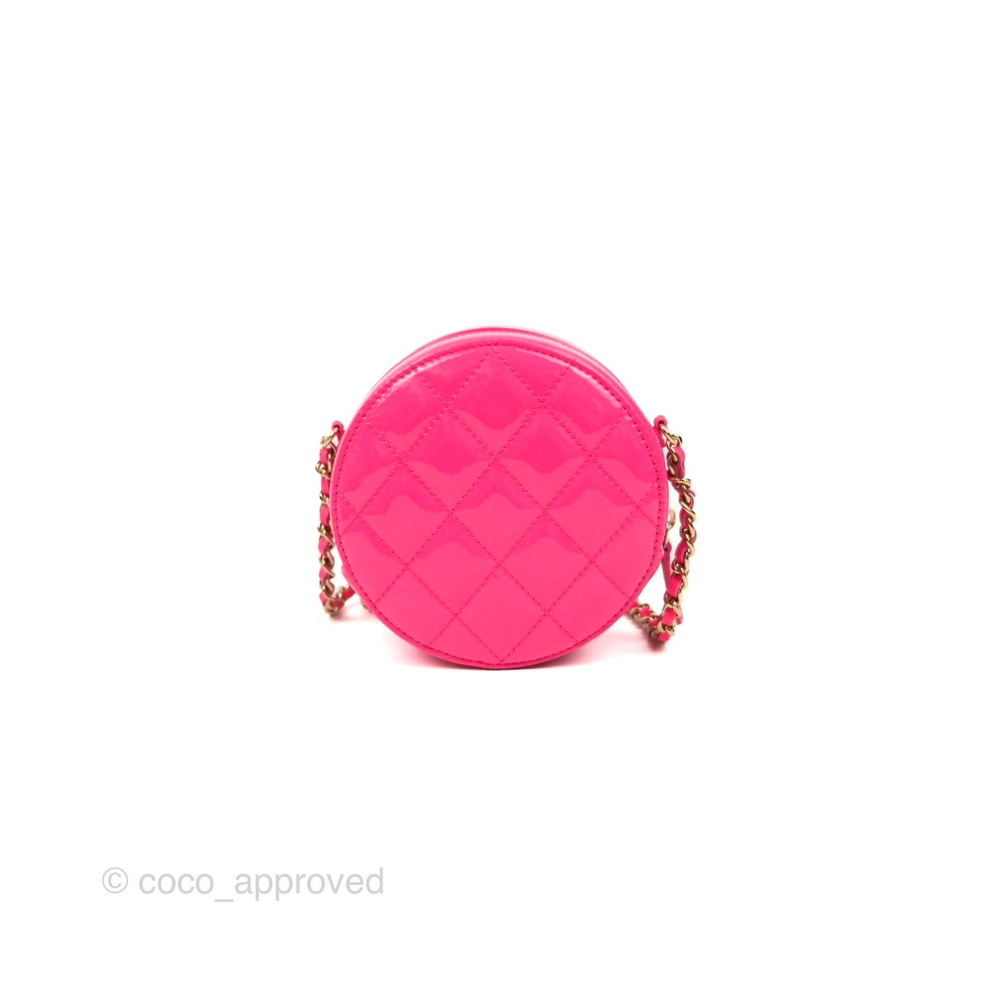 Chanel Classic Quilted Round Clutch Neon Pink Patent Gold Hardware