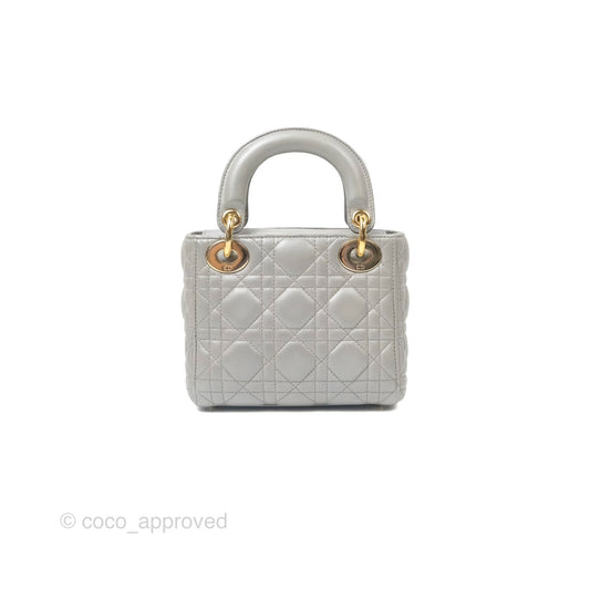 Christian Dior Mini Lady Dior Iridescent Light Grey Cannage Lambskin Gold Hardware