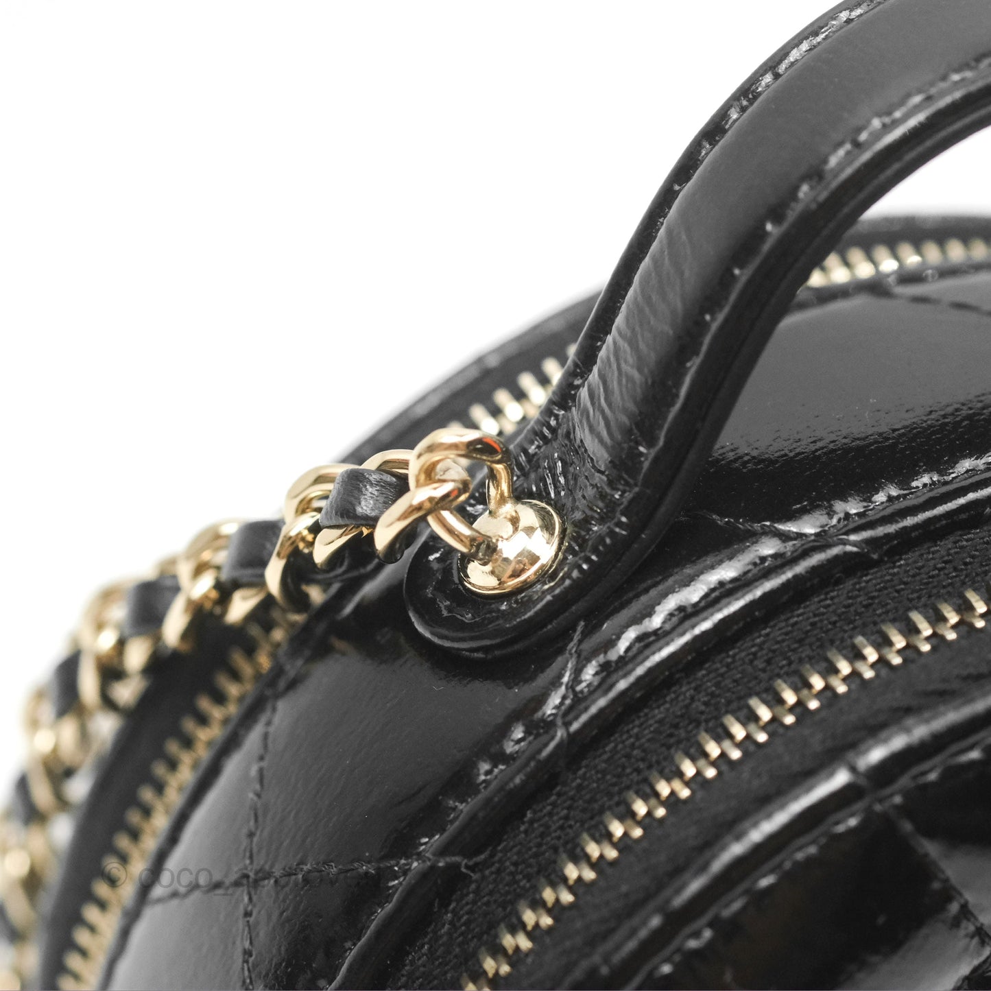 Chanel Mini Round Vanity Bag Handle With Care Black Glazed Lambskin 22C