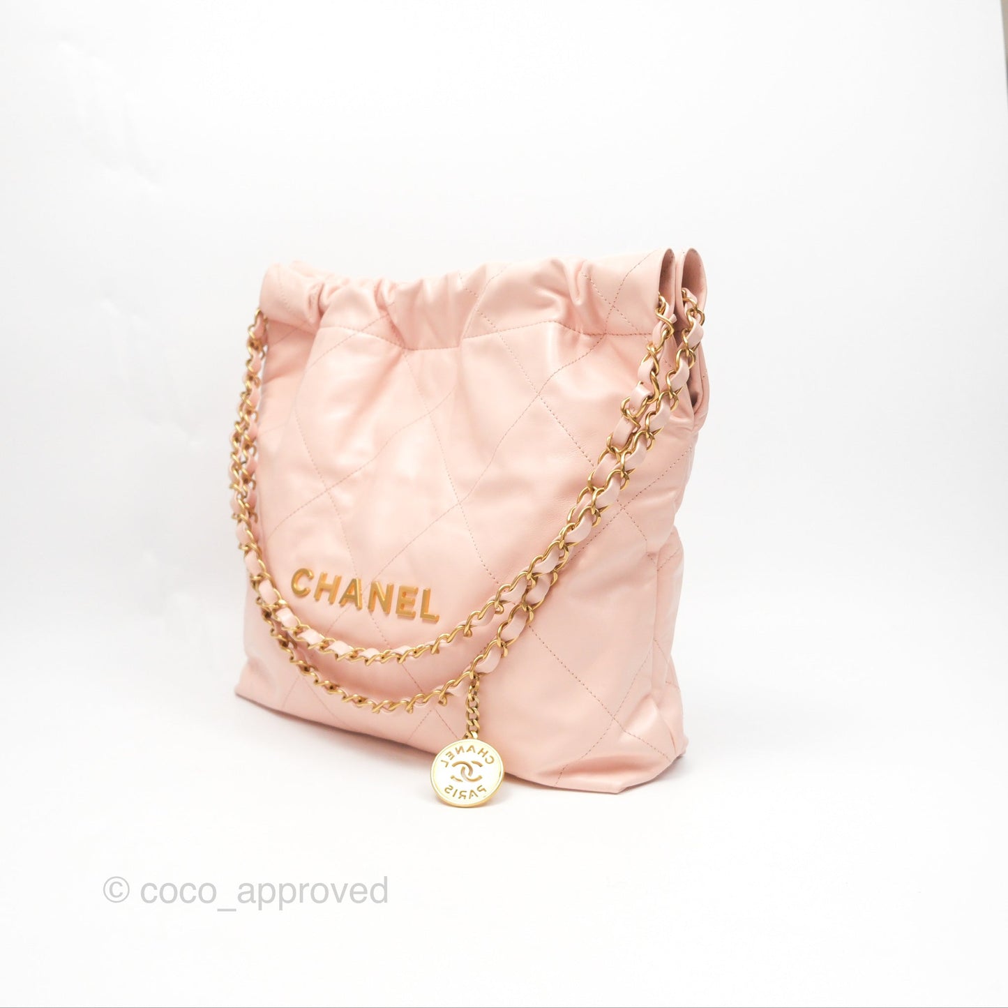 Chanel 22 Small Quilted Pink Shiny Crumpled Calfskin Aged Gold Hardware