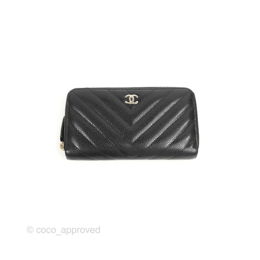 Chanel Medium Wallet Chevron Black Soft Caviar Silver Hardware