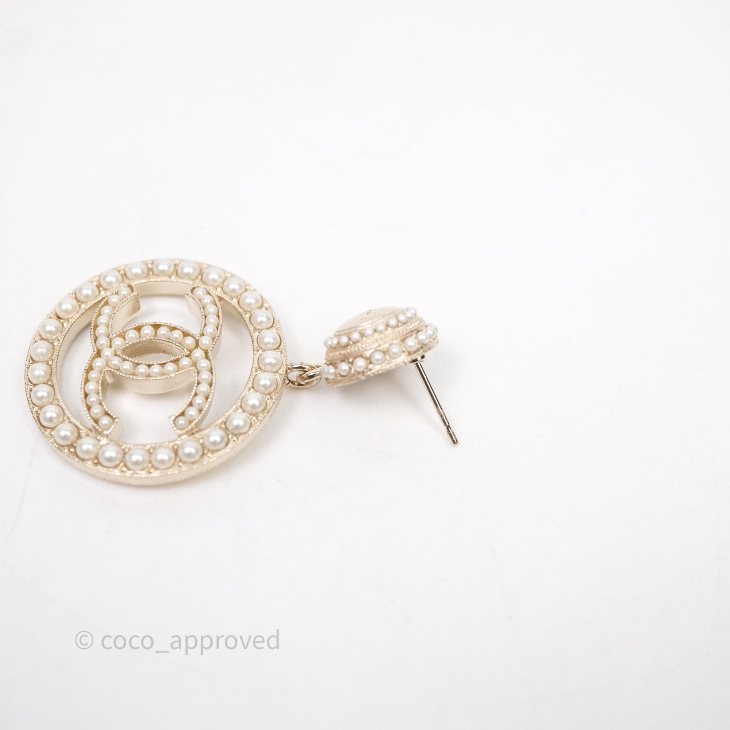 Chanel Pearl CC Round Drop Earrings Gold Tone 19V