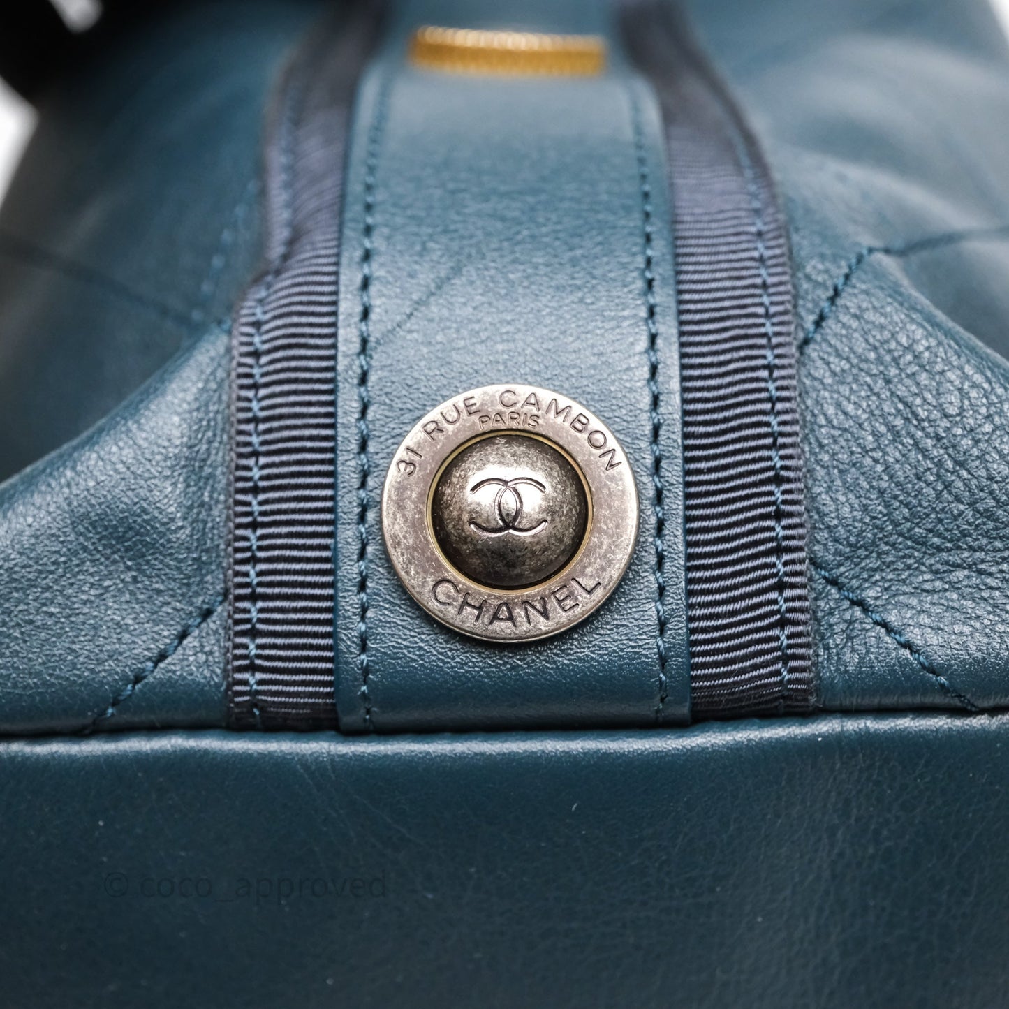 Chanel Button Up Hobo Bag Quilted Teal Calfskin Aged Gold Hardware