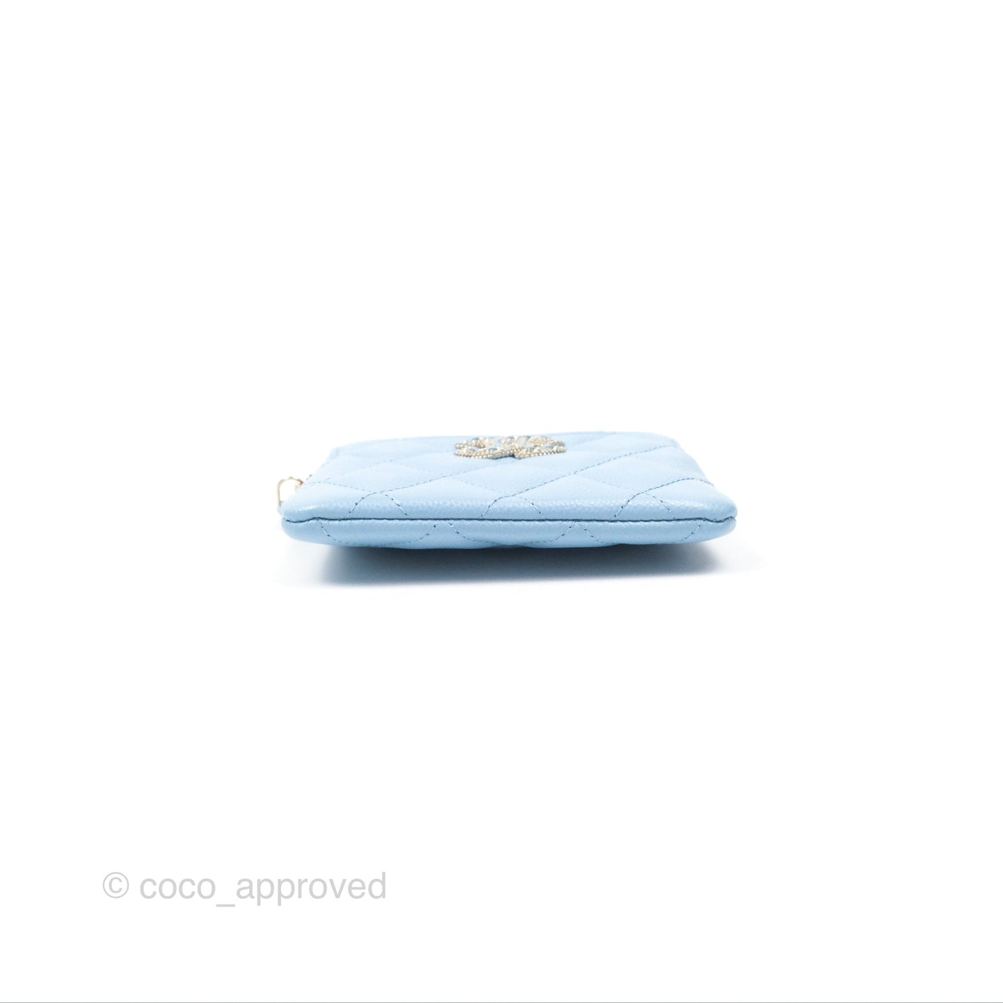 Chanel Quilted Crystal CC Zip Card Holder Wallet Light Blue Caviar Gold Hardware