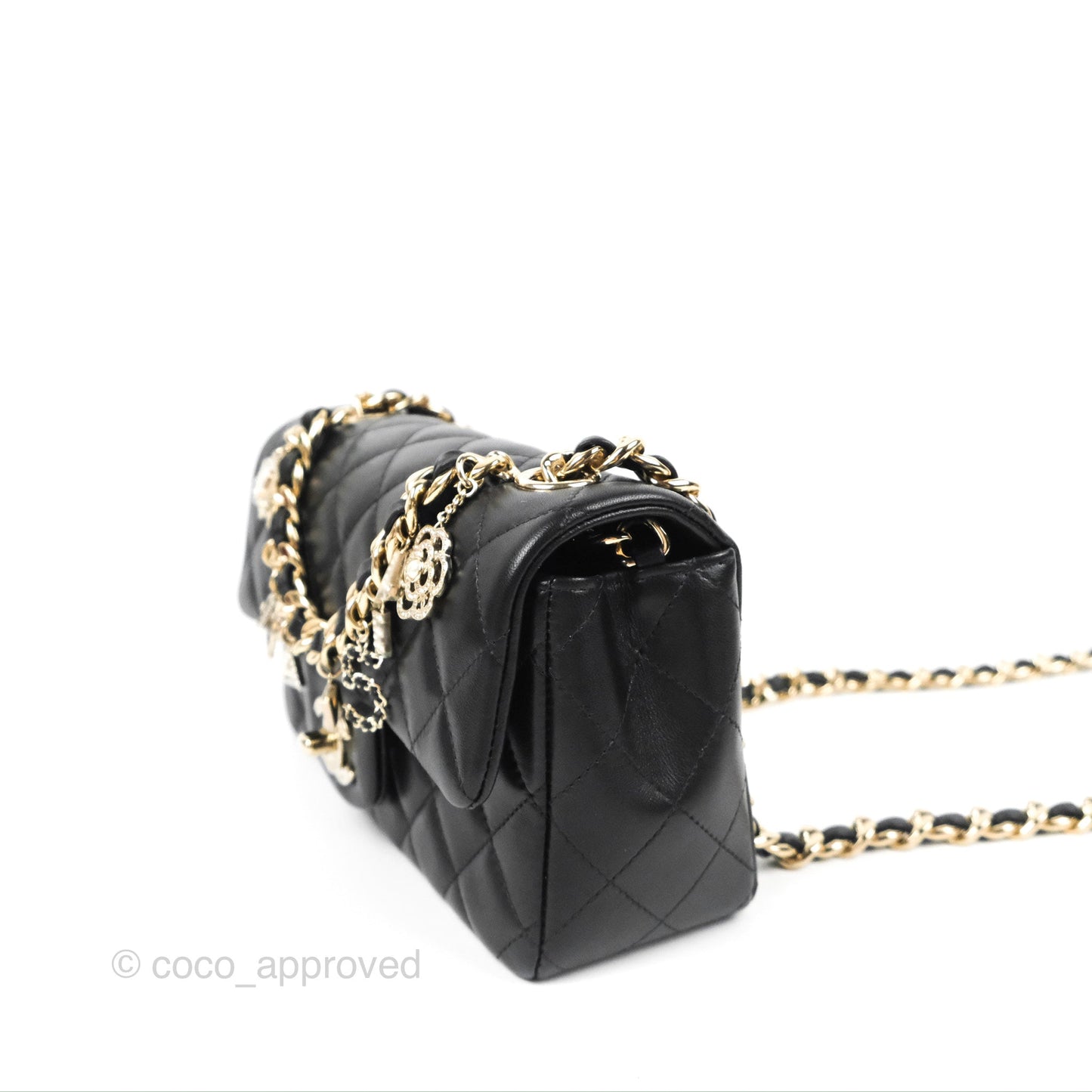 Chanel Quilted Mini Rectangular Lambskin Black Flap With Charms Gold Hardware 21C