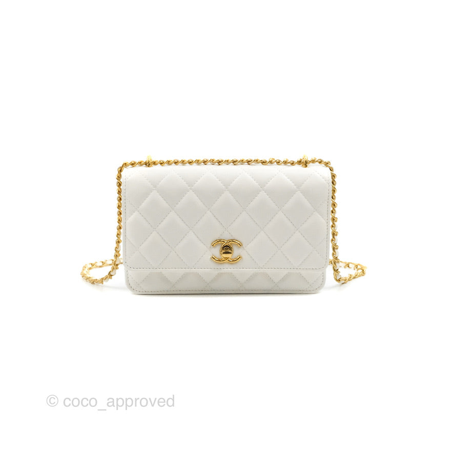 Chanel Quilted Double Chain WOC White Shiny Lambskin Aged Gold Hardware 23C