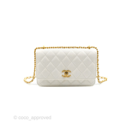 Chanel Quilted Double Chain WOC White Shiny Lambskin Aged Gold Hardware 23C