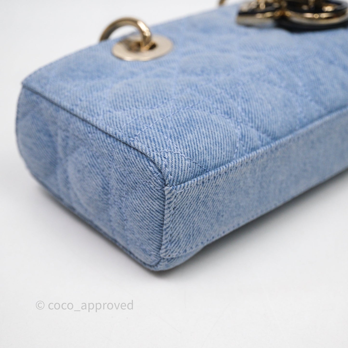 Christian Dior Small Lady D-Joy Bag Washed Blue Denim Cannage Gold Hardware