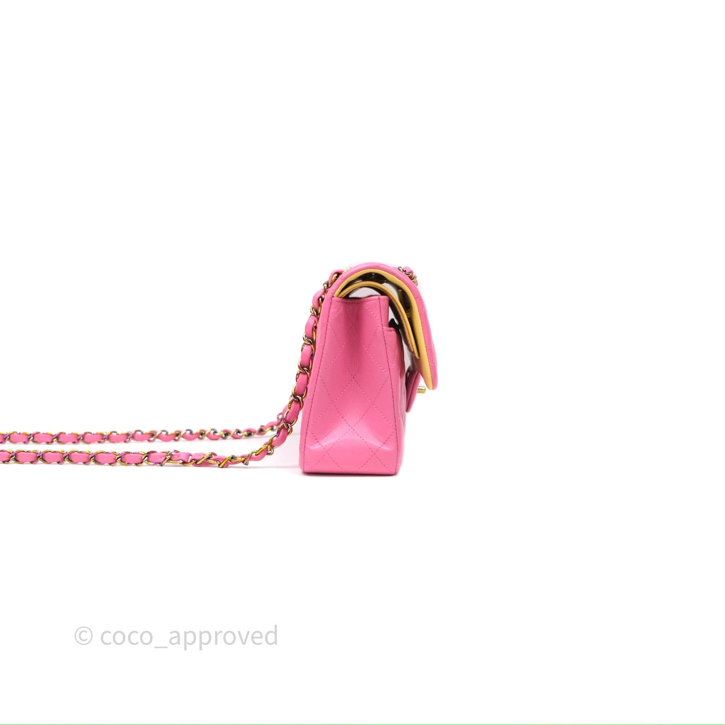 Chanel Small Classic Flap Quilted Pink Lambskin Rainbow Hardware