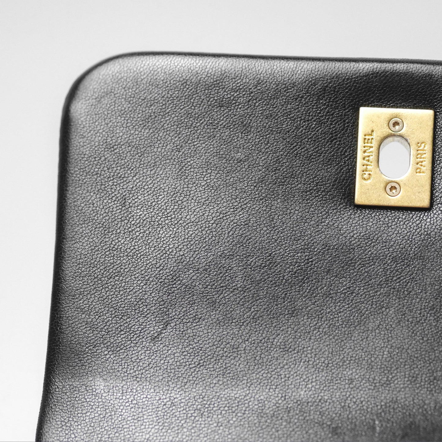 Chanel Logo Mini Square Flap Bag Black Lambskin Aged Gold Hardware 21B
