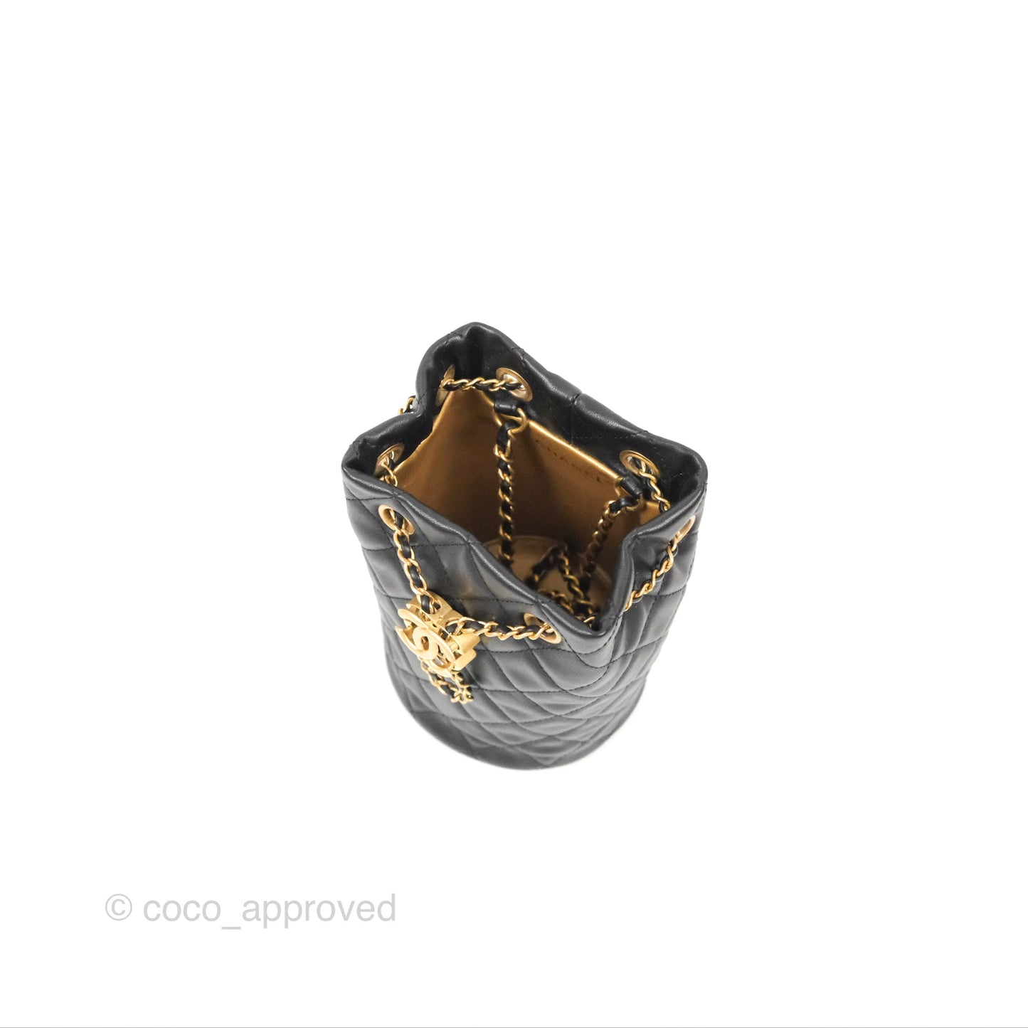 Chanel Pearl Crush Bucket Bag Black Lambskin Aged Gold Hardware