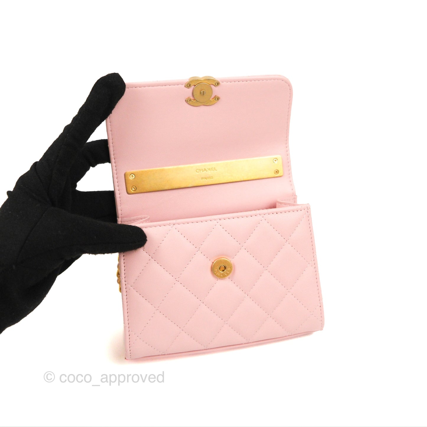 Chanel Enamel Top Handle Clutch with Chain Pink Lambskin Aged Gold Hardware 22B