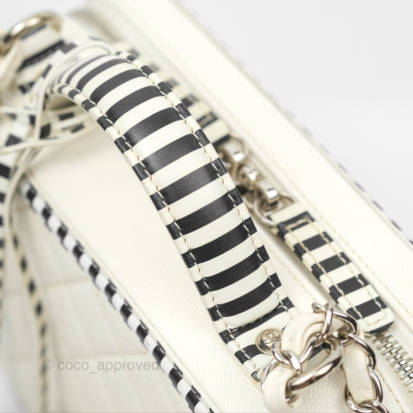 Chanel Quilted Medium CC Filigree Vanity Case White Black Stripe Caviar Silver Hardware