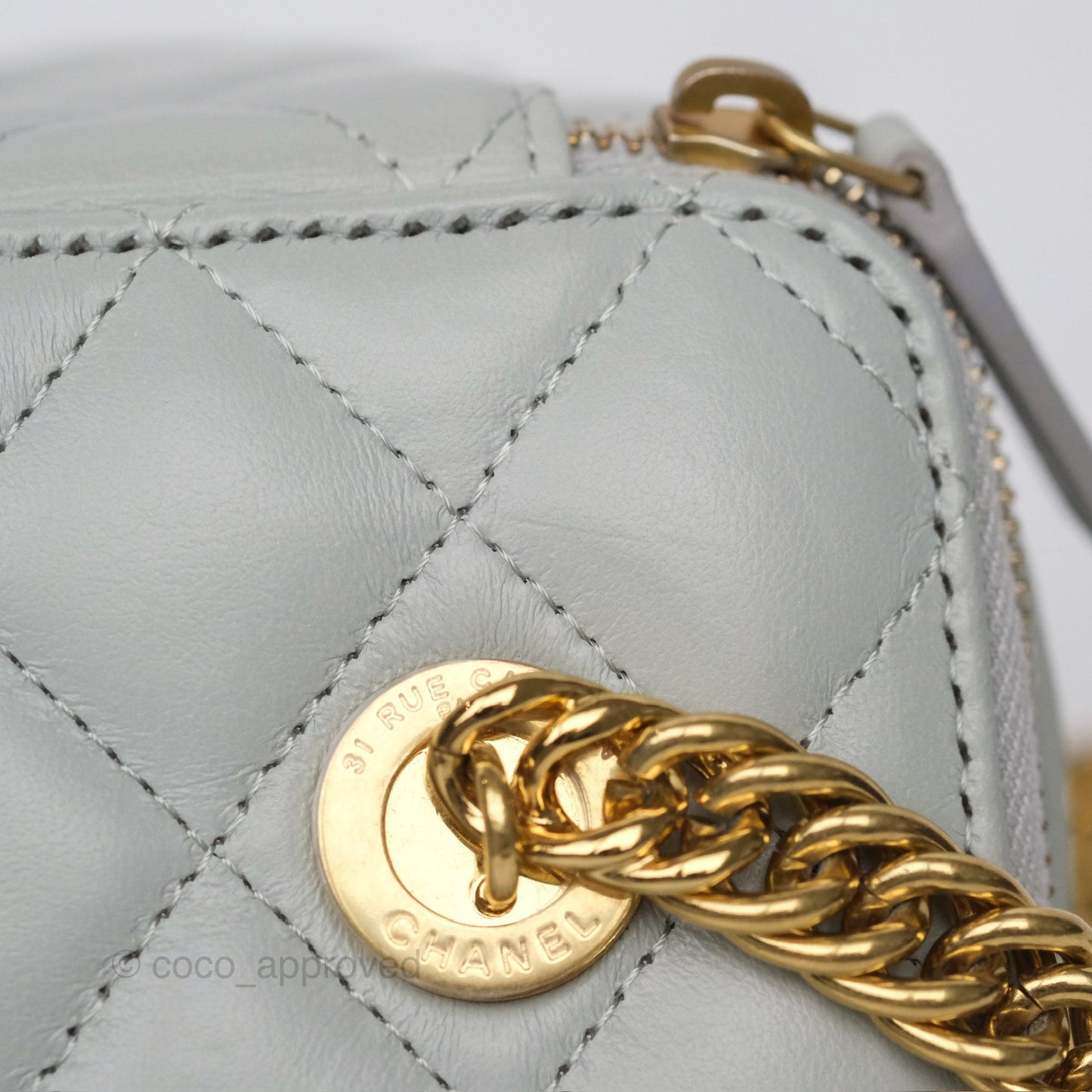 Chanel Quilted Vanity Rectangular with Chain Grey Blue Lambskin Gold Hardware