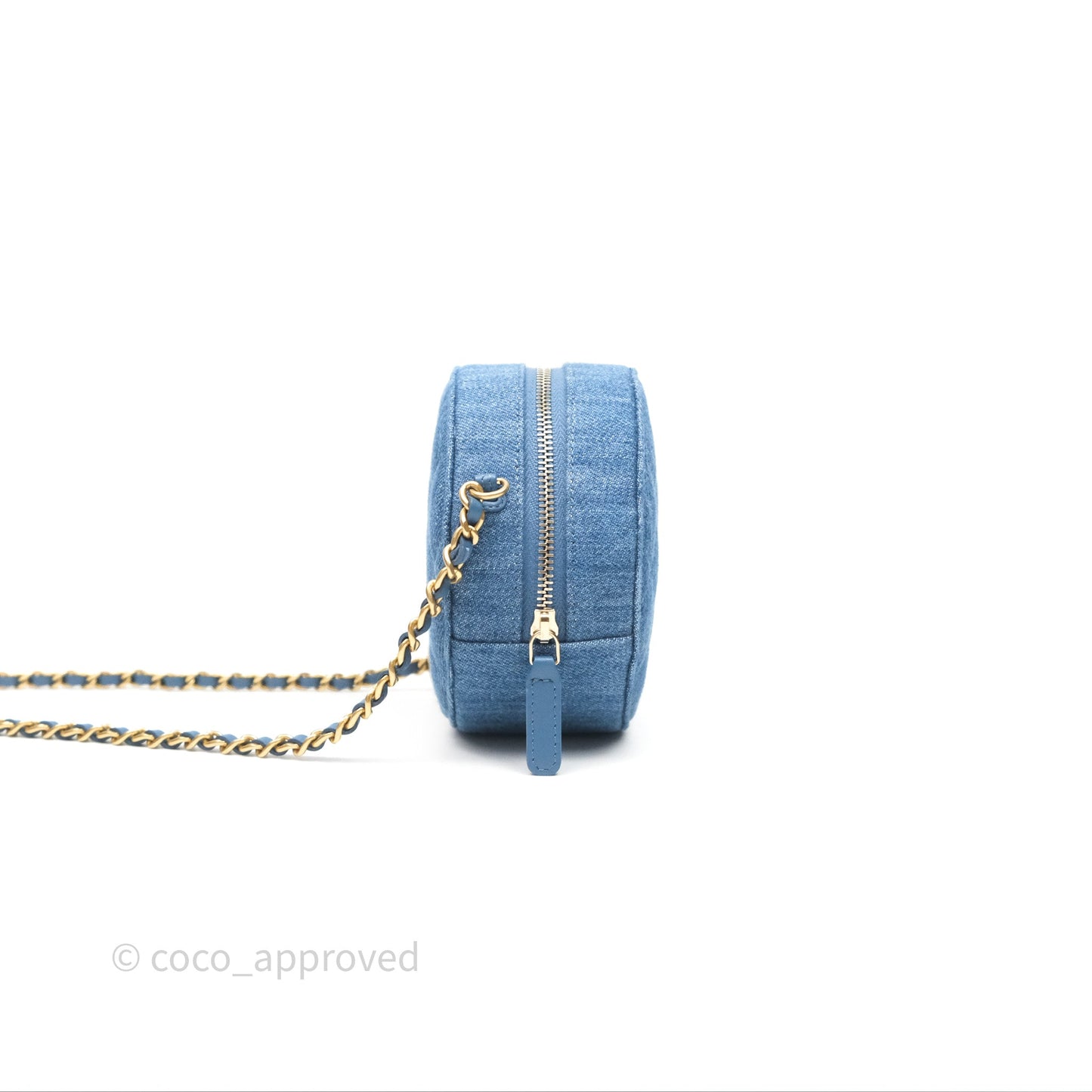 Chanel Quilted Pearl Crush Round Clutch With Chain Denim Aged Gold Hardware