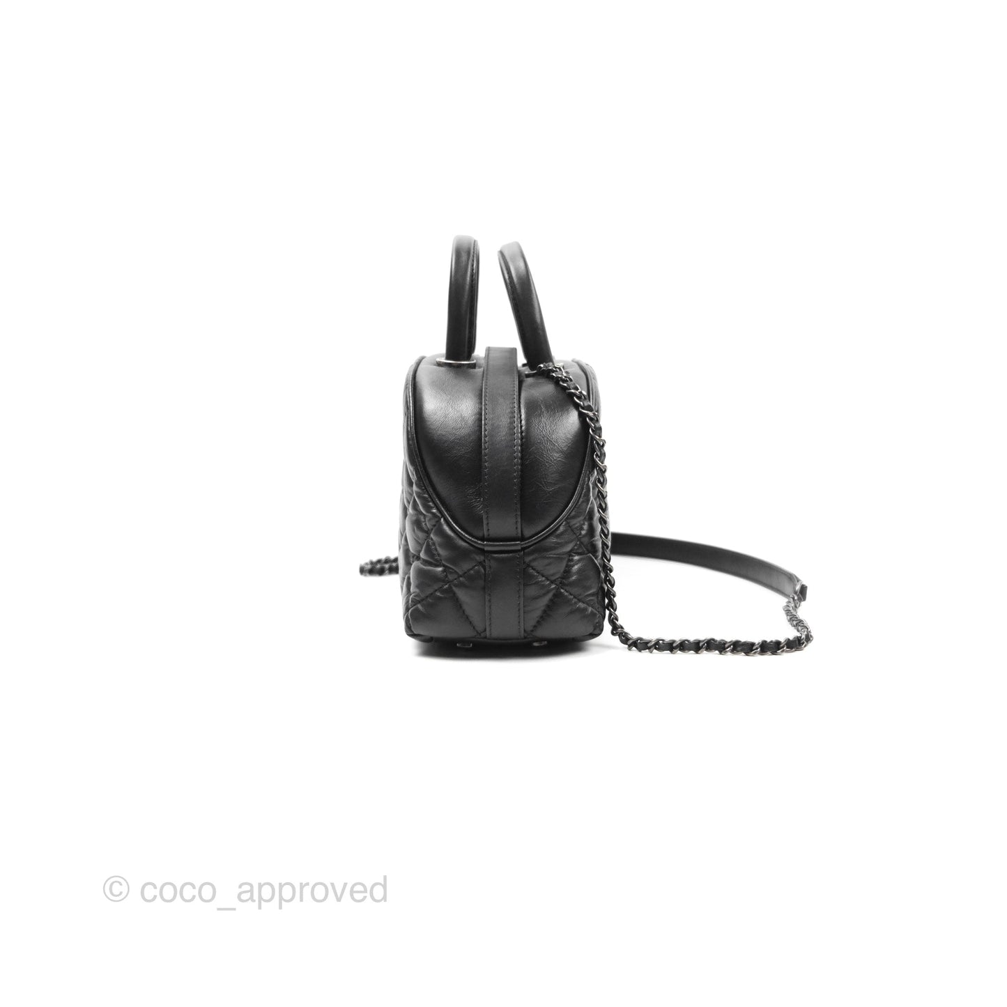 Chanel Quilted Small Handle Bowling Bag Black Aged Calfskin Ruthenium Hardware