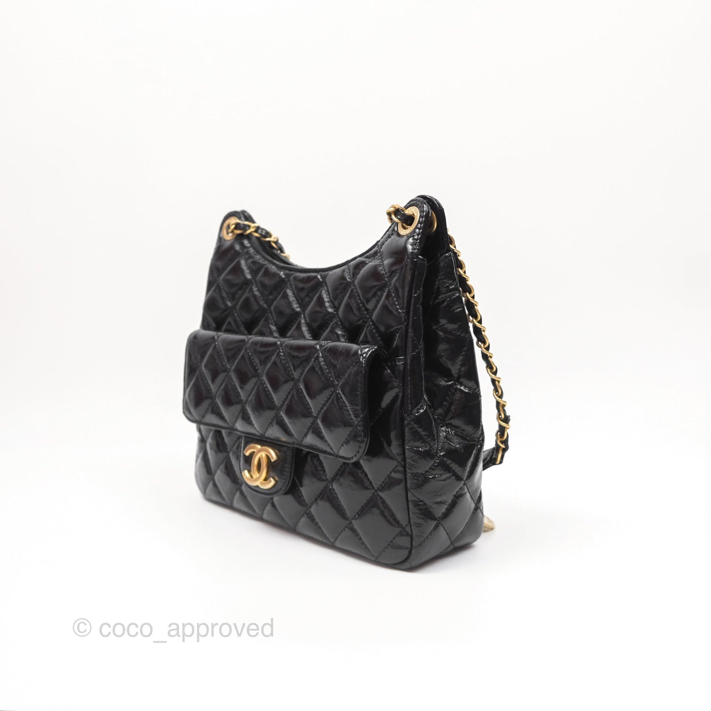 Chanel Medium Quilted Wavy CC Hobo Black Patent Aged Gold Hardware
