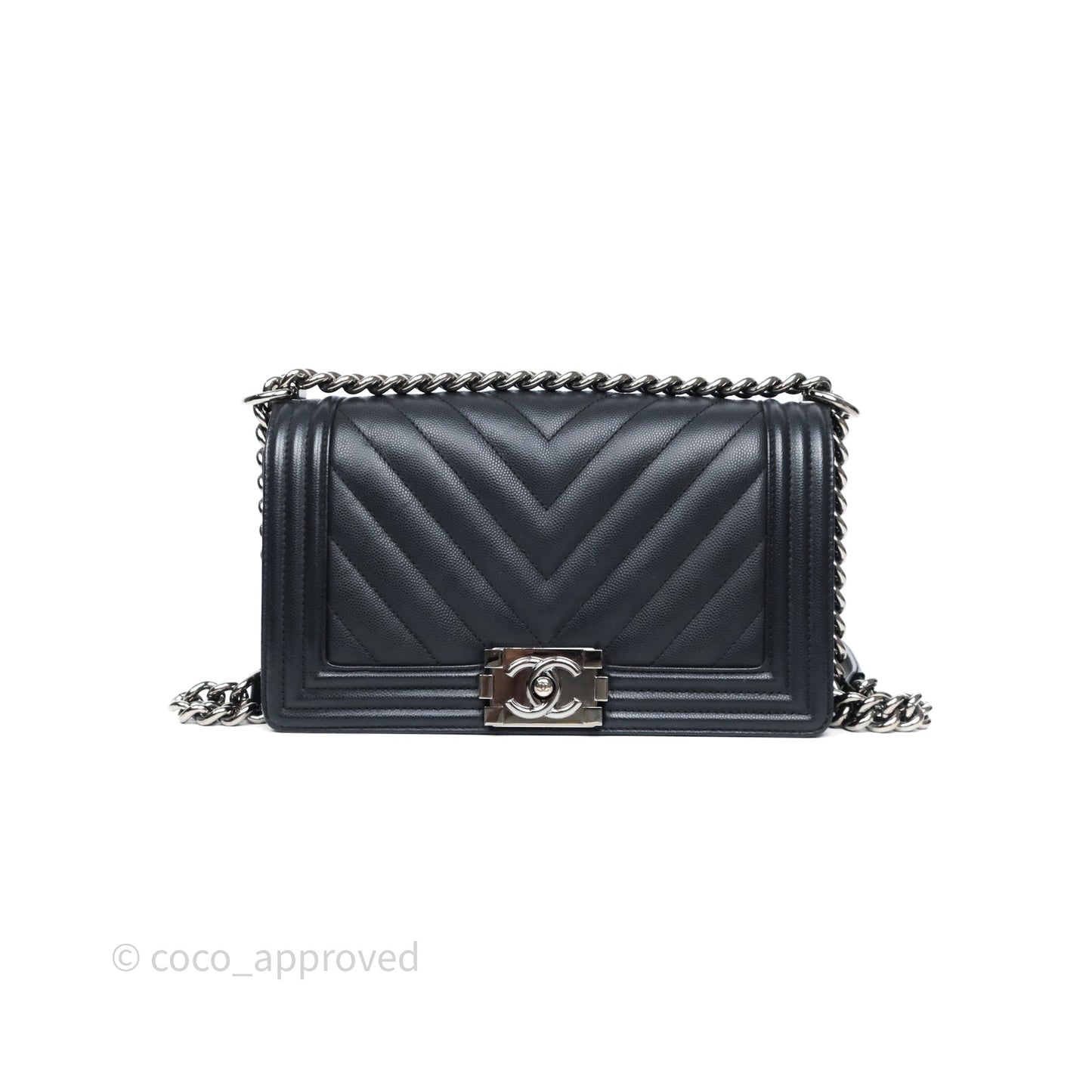 Chanel Medium Boy Chevron Dark Navy Caviar Silver Hardware