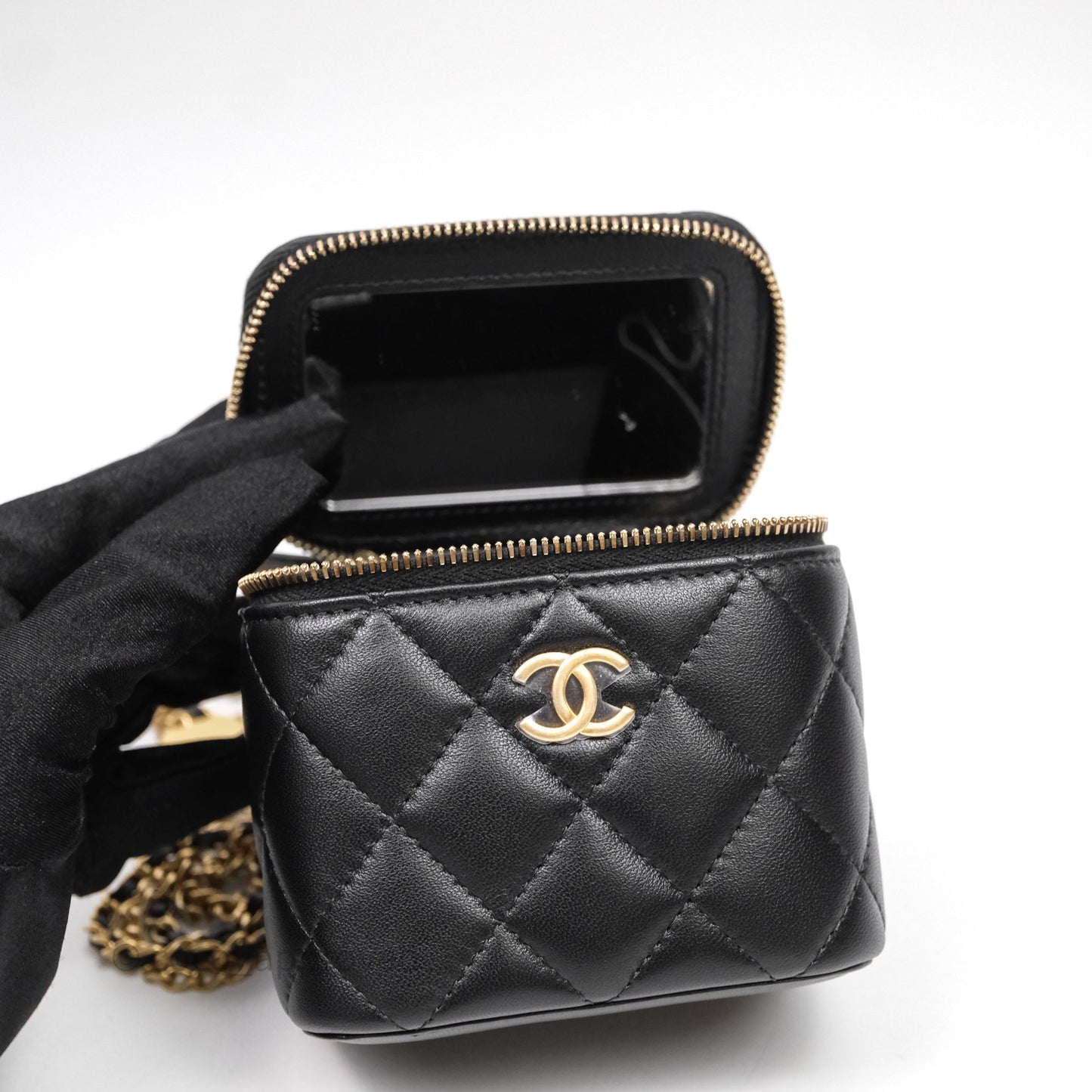 Chanel Mini Vanity With Double Chain Black Lambskin Aged Gold Hardware