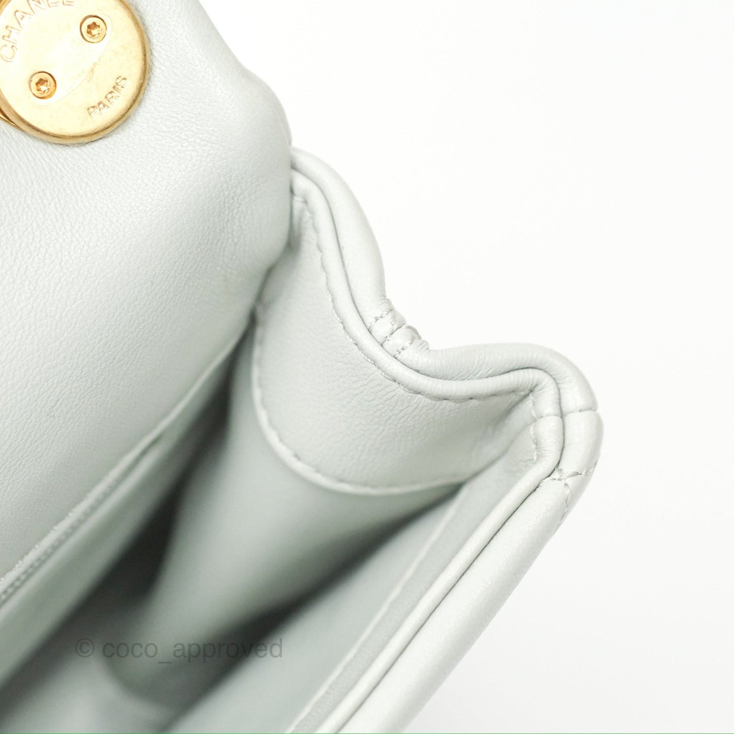 Chanel Chain Handle Flap Light Grey Calfskin Aged Gold Hardware