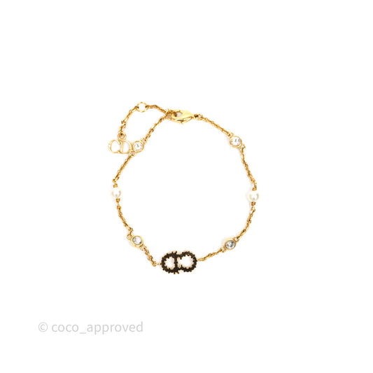 Christian Dior Metal Crystal Pearl CD Bracelet Gold Tone