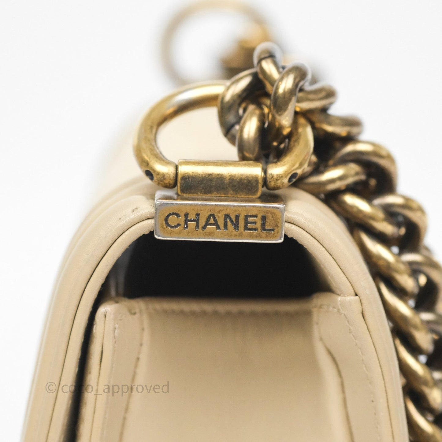 Chanel Small Boy Stingray Beige Antique Gold Hardware