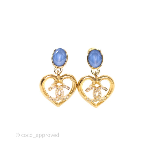 Chanel Oval Blue Resin Heart CC Drop Earrings Gold Tone 23C