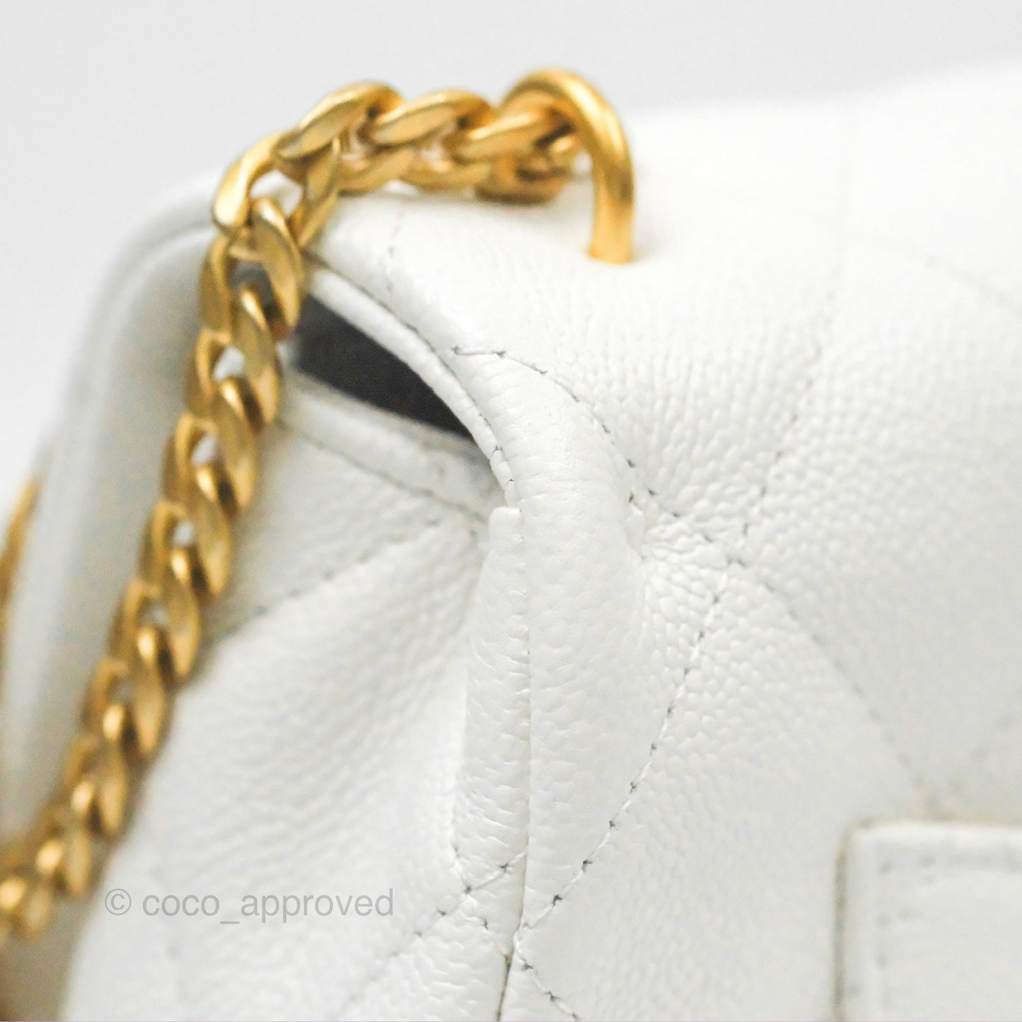 Chanel Large Flap Bag Heart Adjustable Chain White Caviar Aged Gold Hardware