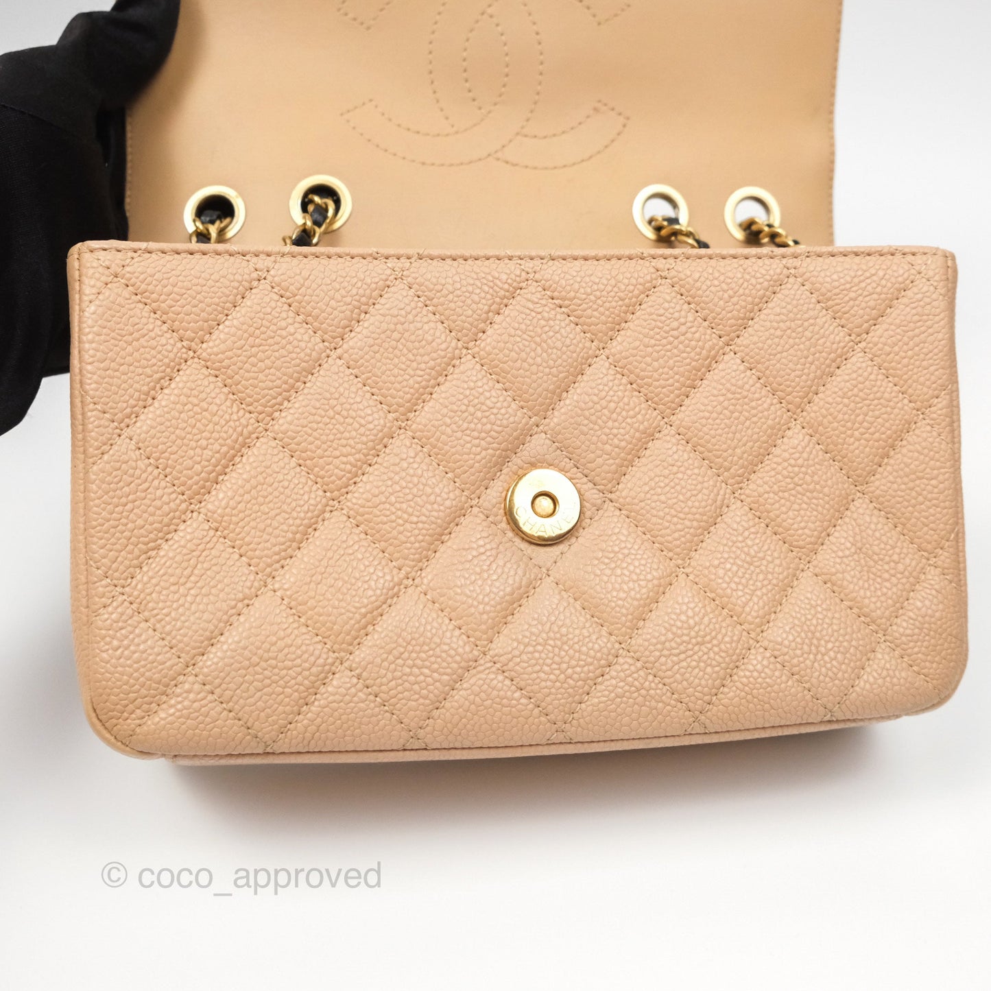 Chanel Small CC Filigree Flap Quilted Beige Black Caviar