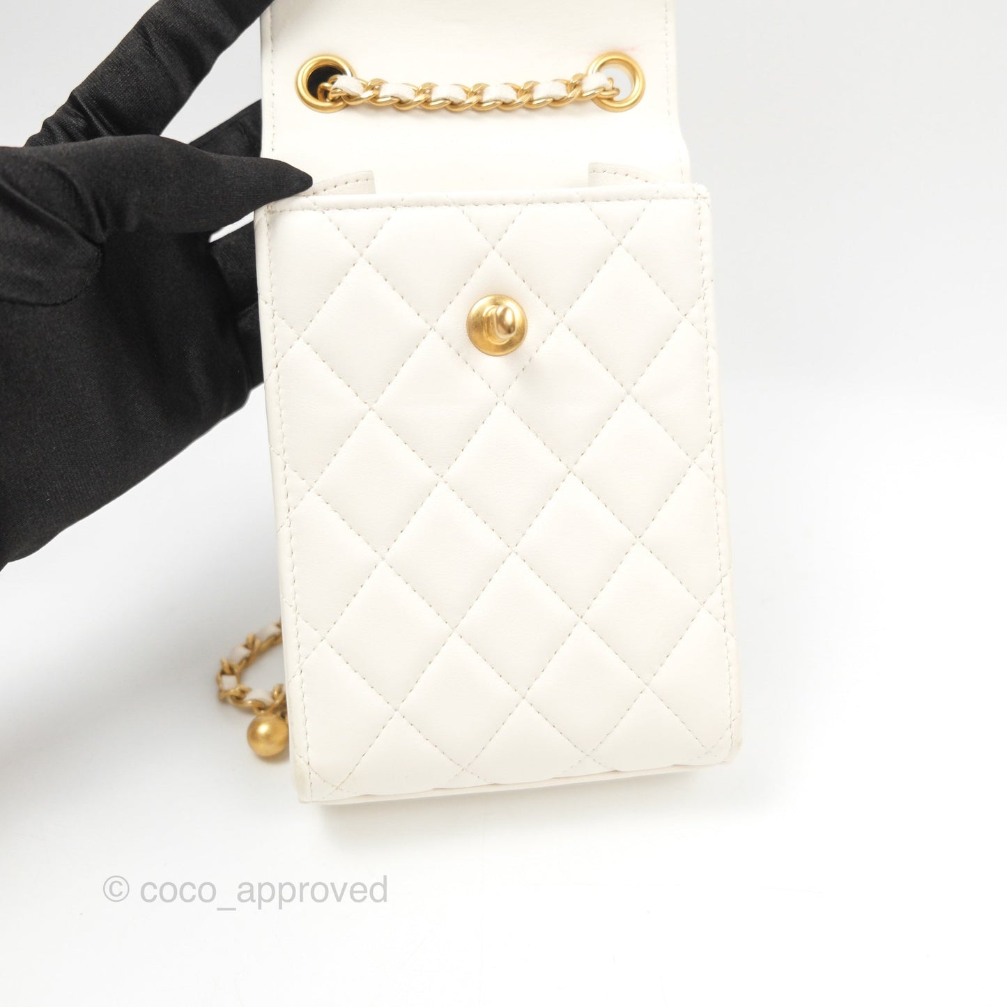 Chanel Quilted Pearl Crush Phone Holder With Chain White Lambskin