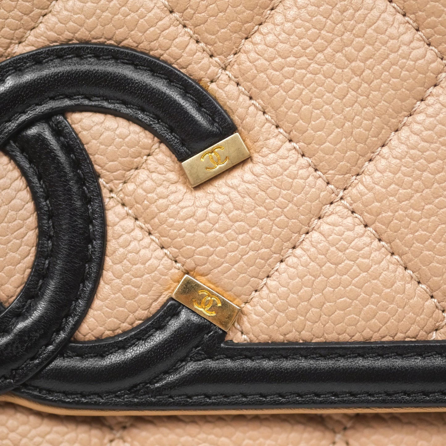 Chanel Small CC Filigree Flap Quilted Beige Black Caviar