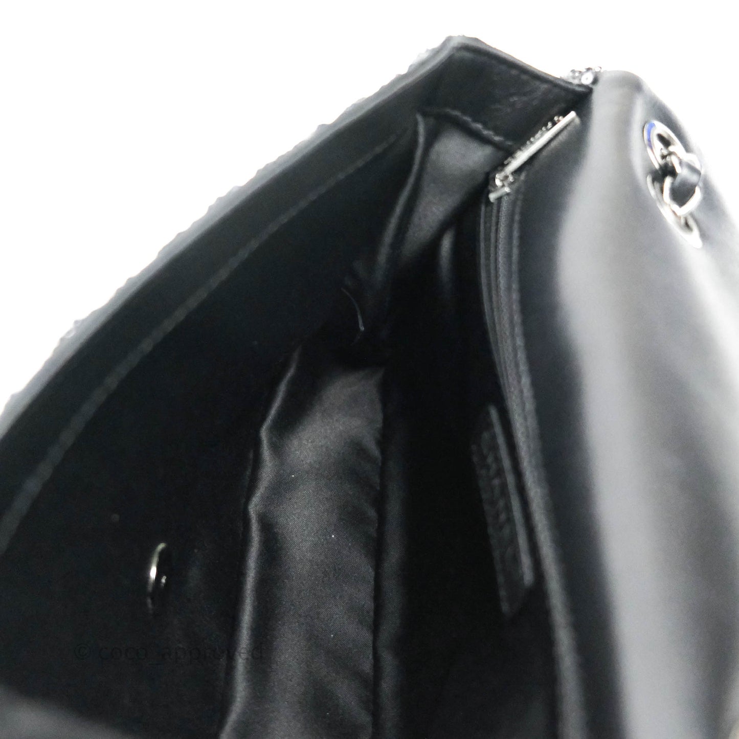 Chanel Quilted Medium Satin Sequin Single Flap Navy Black Gun Metal