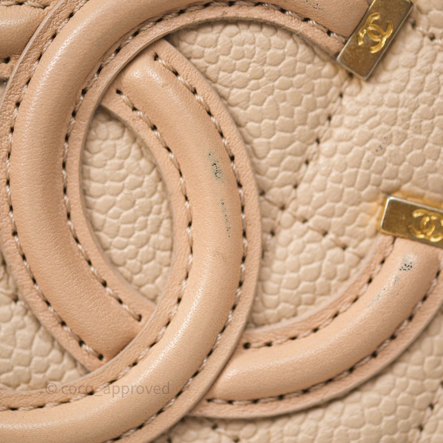 Chanel Quilted Small CC Filigree Vanity Case Beige Caviar Gold Hardware