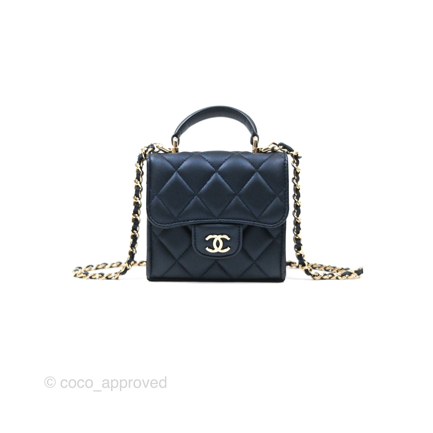 Chanel Mini Handle Clutch With Chain Iridescent Dark Navy Lambskin Gold Hardware