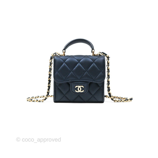 Chanel Mini Handle Clutch With Chain Iridescent Dark Navy Lambskin Gold Hardware