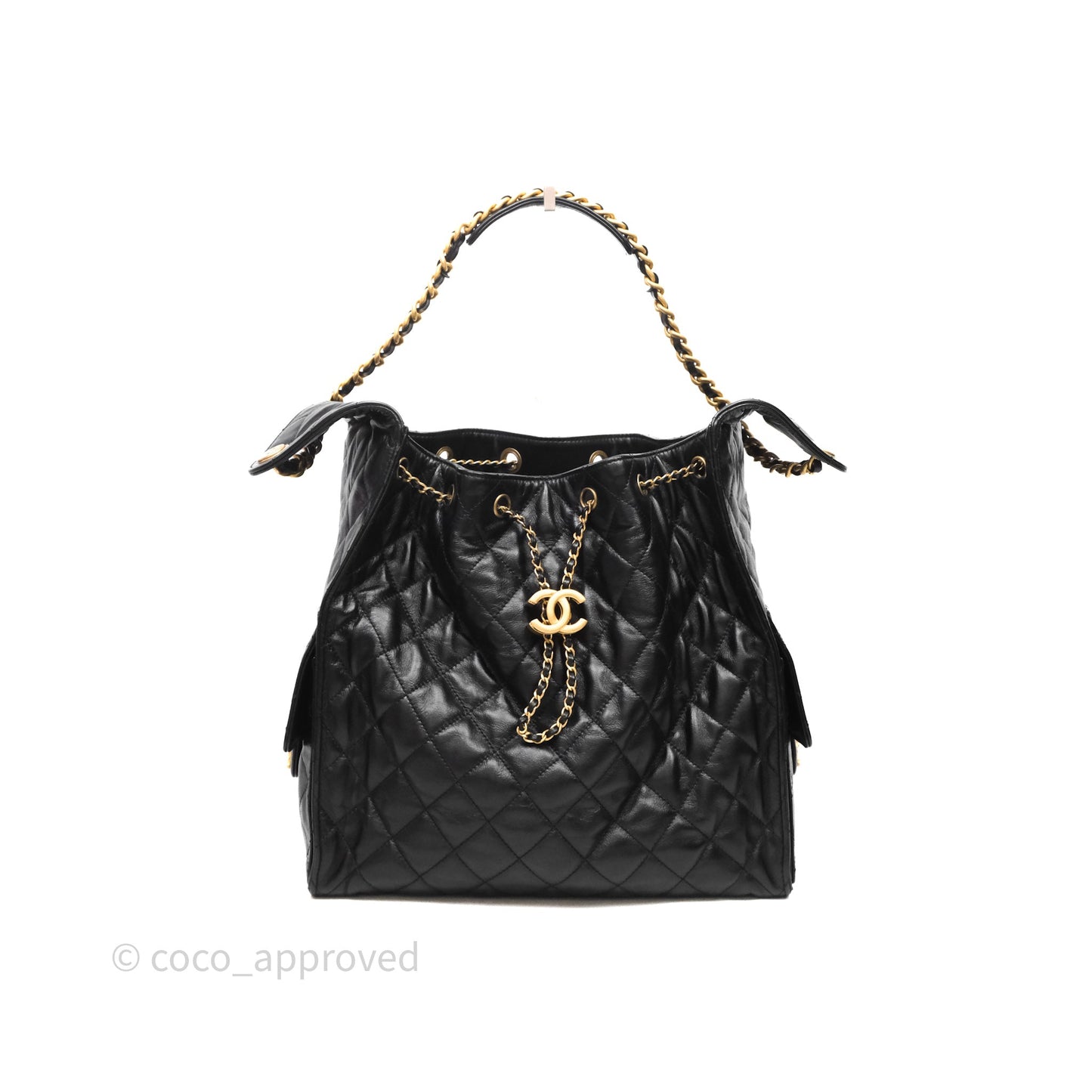 Chanel 25 Medium Black Crumpled Calfskin Aged Gold Hardware