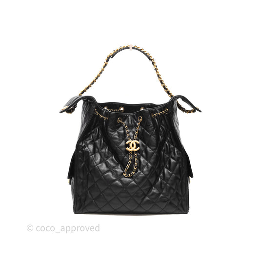 Chanel 25 Medium Black Crumpled Calfskin Aged Gold Hardware