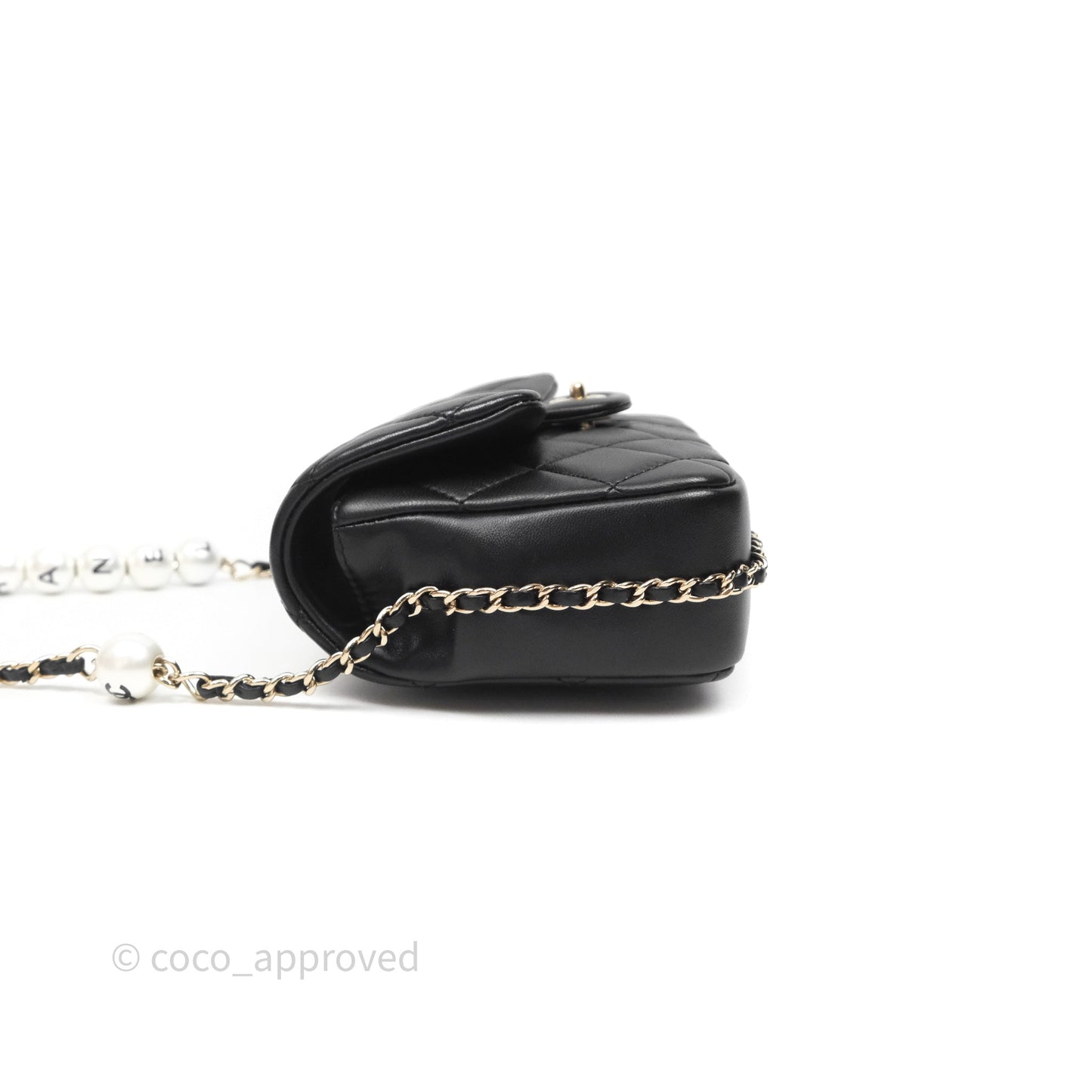 Chanel Logo Pearl Chain Flap Bag Black Lambskin Gold Hardware