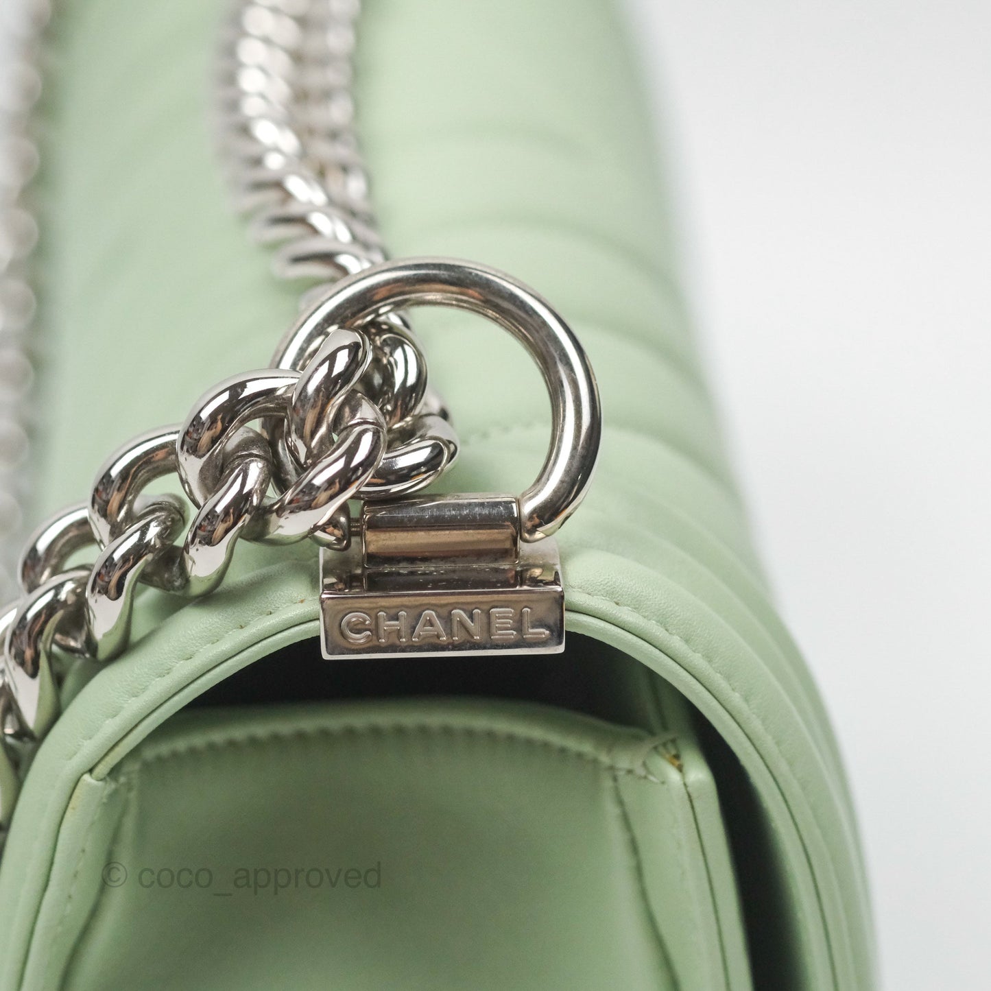 Chanel Medium Chevron Boy Mint Green Calfskin Silver Hardware