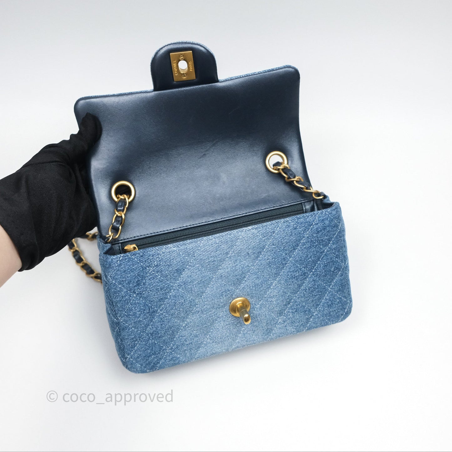 Chanel Quilted Mini Rectangular Flap Denim Aged Gold Hardware