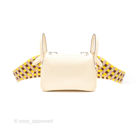 Hermes Mini Lindy Nata I2 Clemence Maxi Quadrille Lime/Mauve sylvestre Toile Palladium Hardware