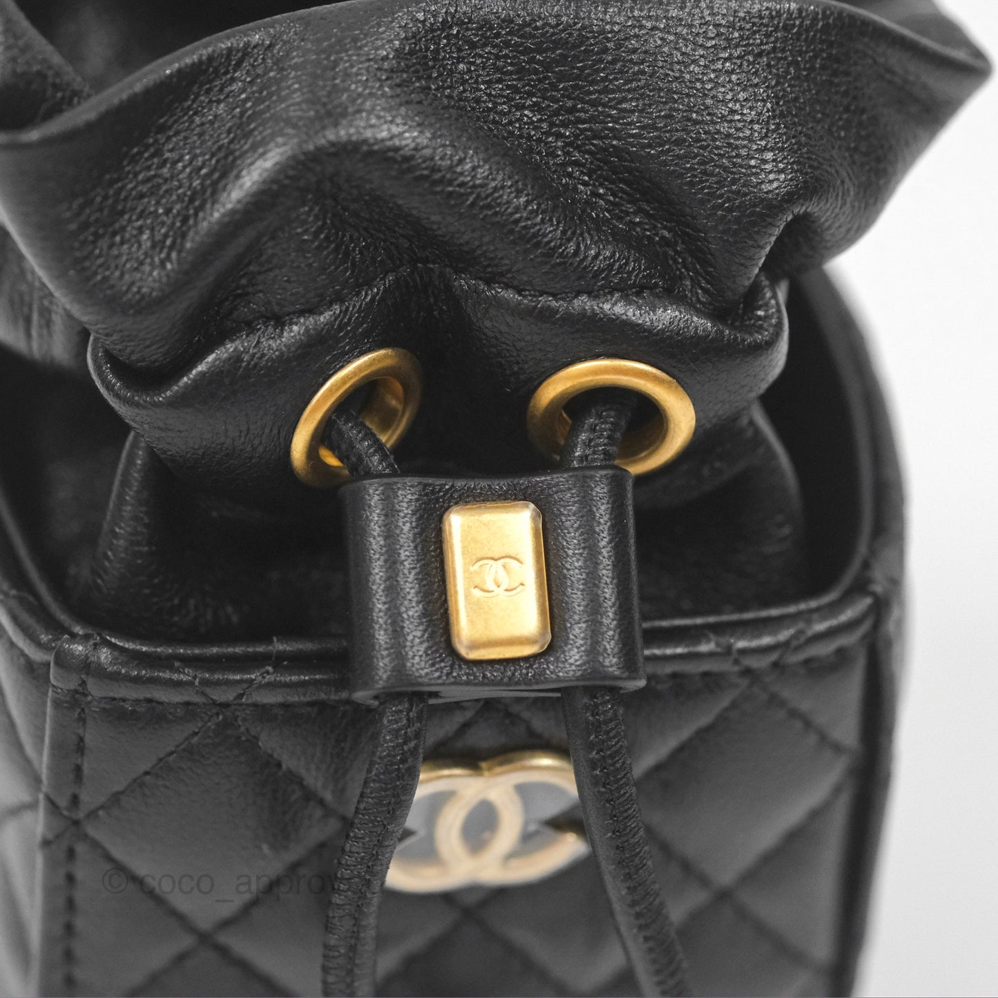 Chanel Mini Drawstring Bucket Bag with Chain Black Calfskin Aged Gold Hardware