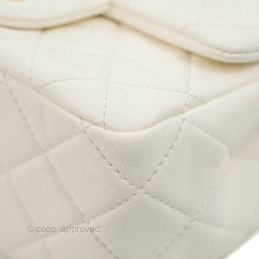 Chanel Mini Square Pearl Crush Quilted White Lambskin Aged Gold Hardware