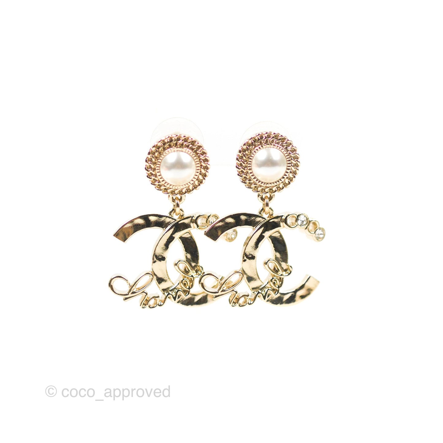 Chanel CC Coco Pearl Drop Earrings Gold Tone 22P