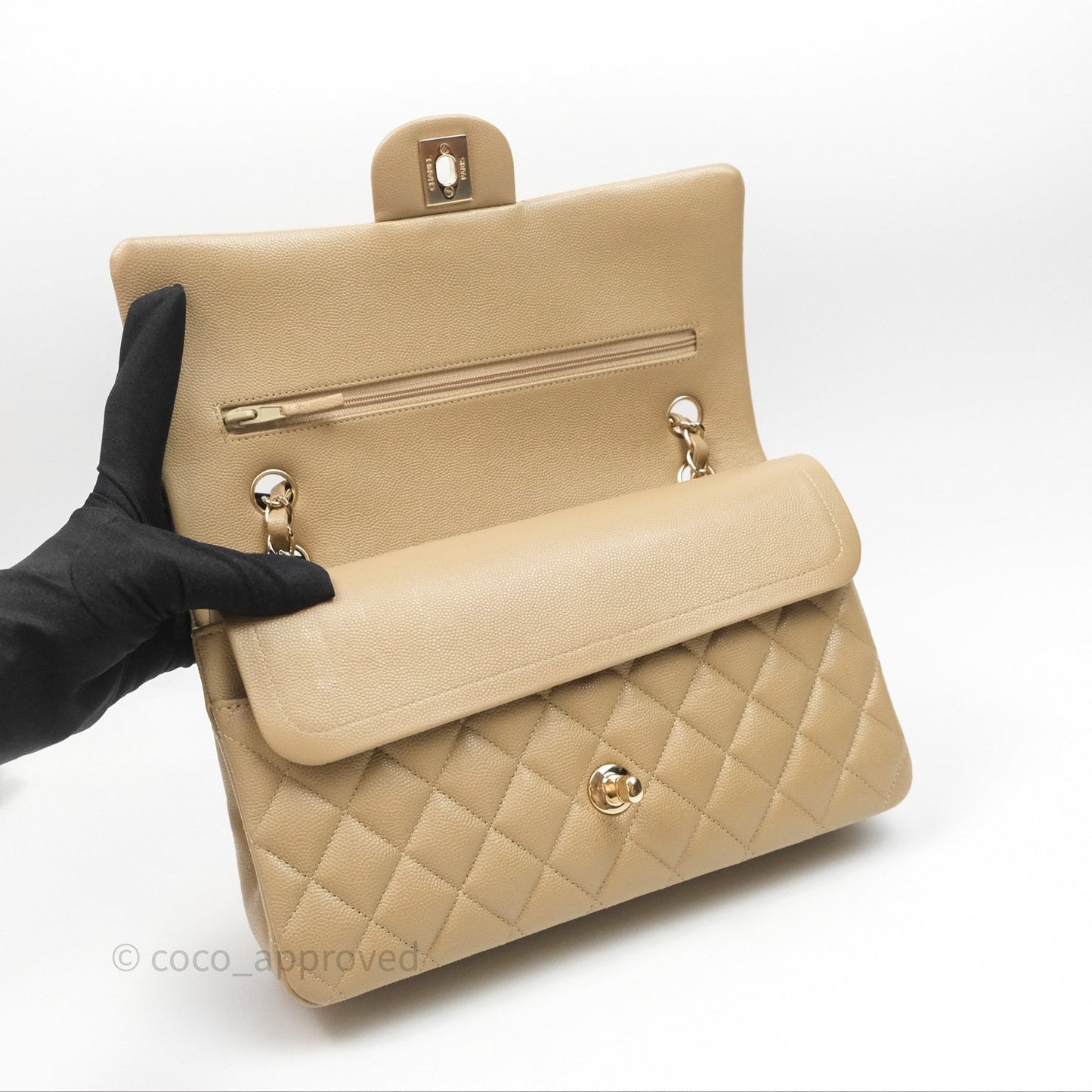 Chanel Classic M/L Medium Flap Quilted Dark Beige Caviar Gold Hardware