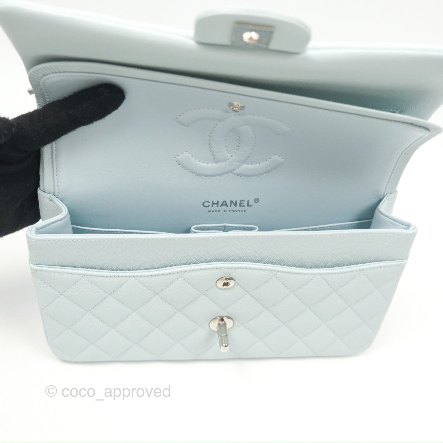 Chanel Medium Classic Flap Quilted Pale Blue Caviar Silver Hardware