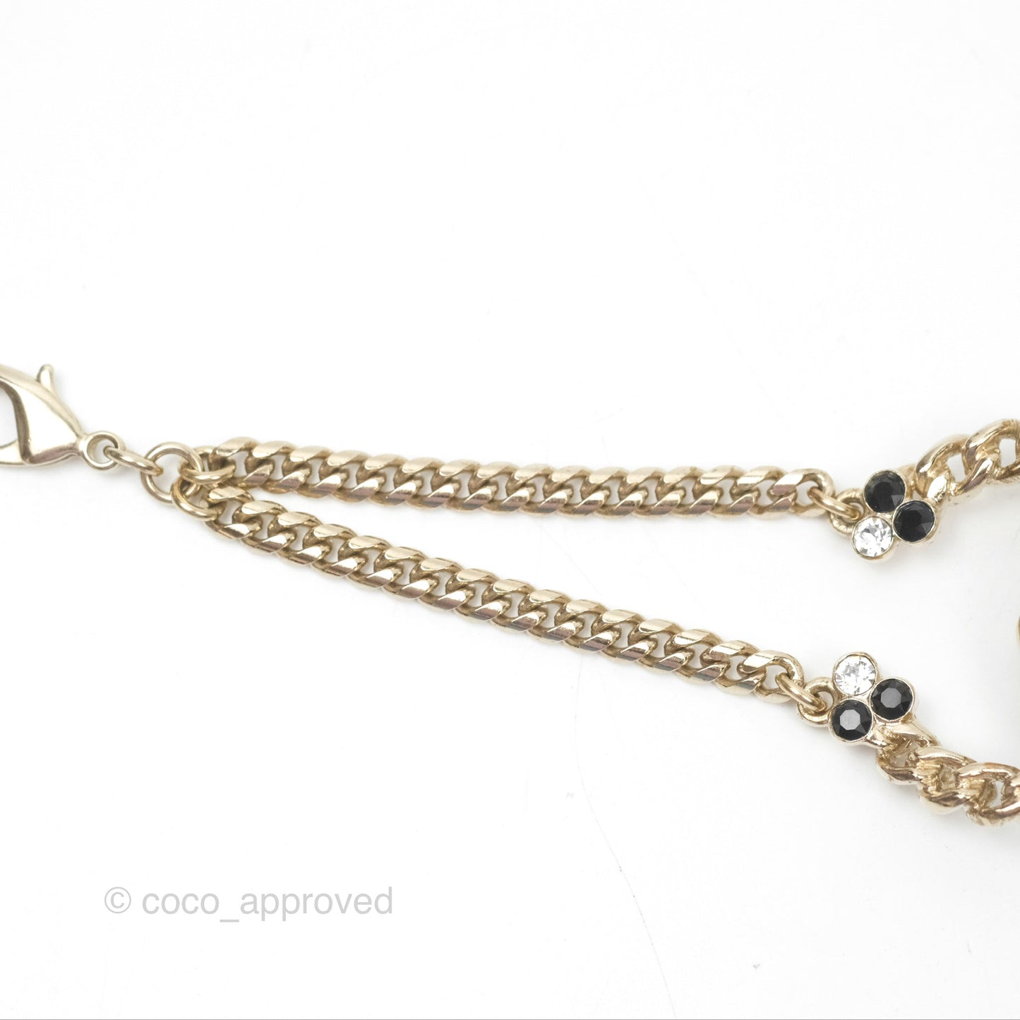 Chanel Large Chain CC Crystal Pearl Black Resin Bracelet Gold Tone 20P
