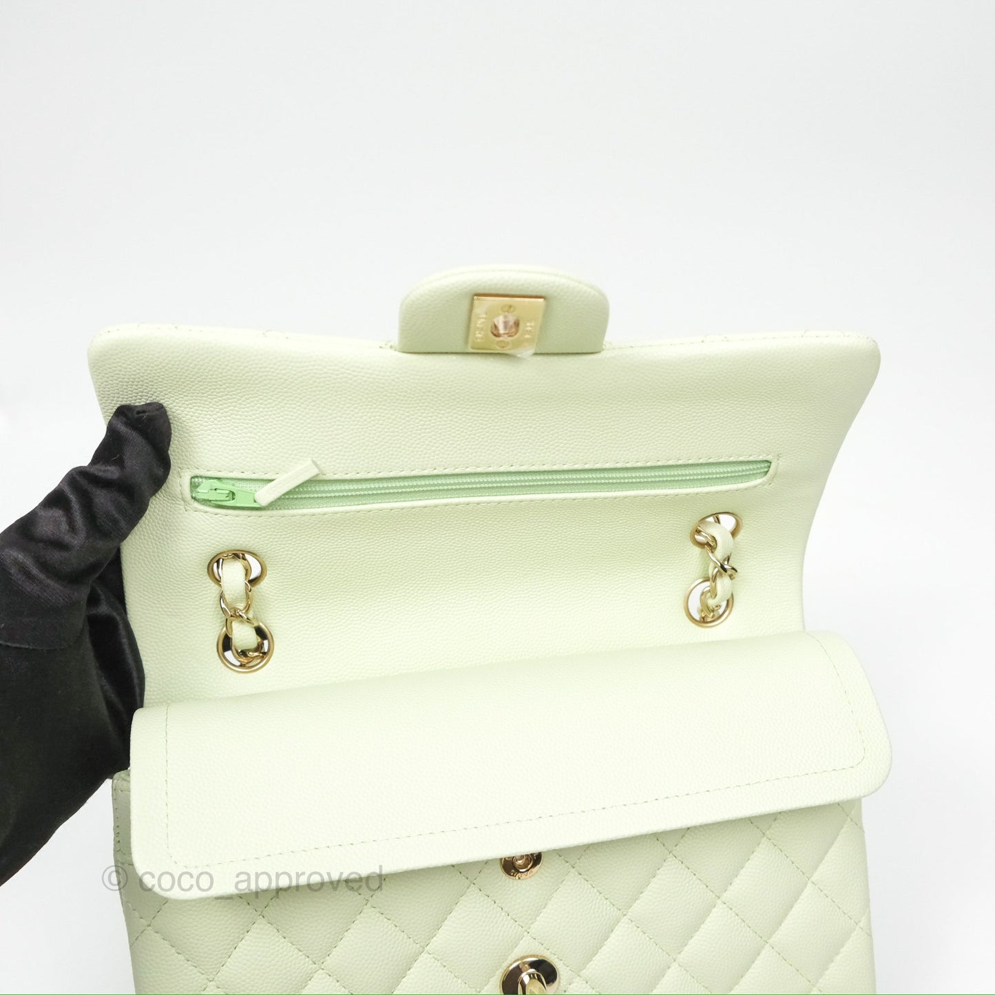 Chanel Small Classic Quilted Flap Mint Green Caviar Gold Hardware 22C